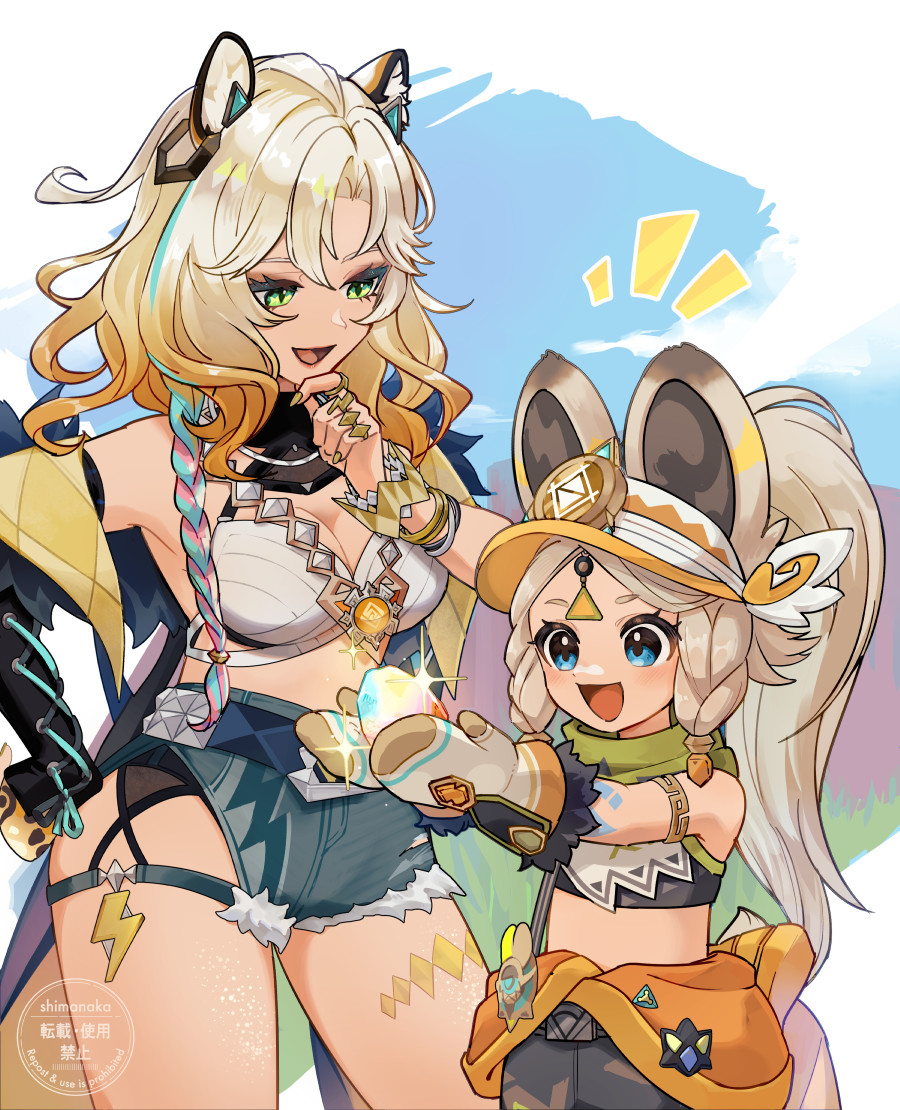 2girls :d animal_ears bandana bandana_around_neck bare_shoulders blonde_hair blue_eyes blue_hair blue_shorts blush breasts brown_mittens chinchilla_ears cleavage clothes_around_waist commentary_request crop_top cutoffs denim denim_shorts fingernails fur-trimmed_mittens fur_trim genshin_impact geo_symbol_(genshin_impact) green_bandana green_eyes hand_on_own_hip jacket jacket_around_waist jaguar_ears jaguar_girl kachina_(genshin_impact) large_breasts light_blue_hair light_brown_hair long_hair looking_at_object mittens multicolored_hair multiple_girls nail_polish notice_lines open_mouth orange_hair orange_jacket orange_mittens orange_visor pink_hair shimanaka_(shimanaka_sushi) short_shorts shorts smile sparkle stomach very_long_hair vision_(genshin_impact) white_mittens xilonen_(genshin_impact)