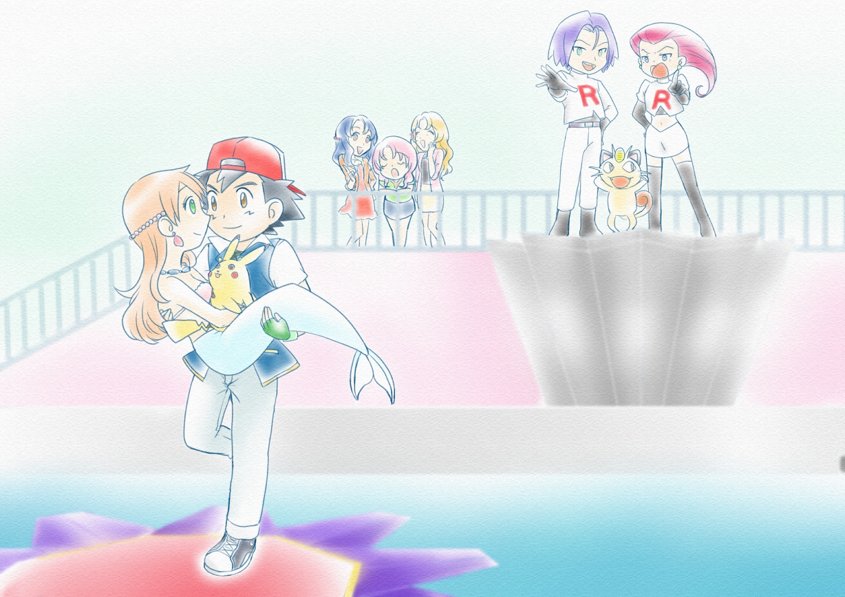 2boys 5girls artist_request ash_ketchum baseball_cap beads bikini black_hair breasts brown_hair creature daisy_(flower) daisy_(pokemon) earrings eye_contact eyelashes flower gen_1_pokemon green_eyes hair_ornament hat holding holding_creature holding_pokemon james_(pokemon) jessie_(pokemon) jewelry lily_(pokemon) long_hair looking_at_another meowth mermaid mermaid_misty_(pokemon) misty_(pokemon) monster_girl multiple_boys multiple_girls necklace nintendo orange_hair pikachu pokemon pokemon_(anime) pokemon_(classic_anime) pokemon_(creature) purple_shorts seashell shell shell_bikini shirt short_hair short_sleeves shorts small_breasts smile source_request swimsuit violet_(pokemon)