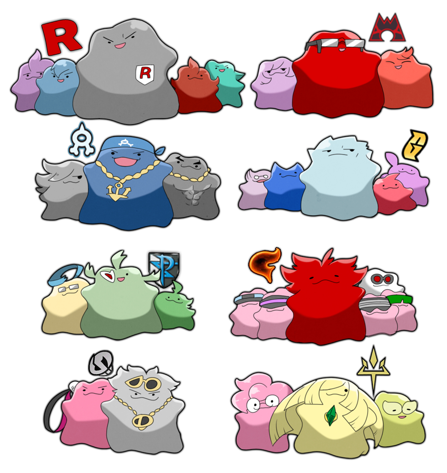 aliana_(pokemon) anchor_necklace archer_(pokemon) archie_(pokemon) ariana_(pokemon) bandana black_eyes blue_bandana bryony_(pokemon) celosia_(pokemon) chain chain_necklace charon_(pokemon) closed_eyes closed_mouth colress_(pokemon) commentary courtney_(pokemon) cyrus_(pokemon) ditto faba_(pokemon) gem gen_1_pokemon ghetsis_(pokemon) giovanni_(pokemon) glasses goggles green_gemstone guzma_(pokemon) jewelry jupiter_(pokemon) logo lusamine_(pokemon) lysandre_(pokemon) mable_(pokemon) mars_(pokemon) matt_(pokemon) maxie_(pokemon) n_(pokemon) necklace nintendo no_humans petrel_(pokemon) plumeria_(pokemon) pokemon pokemon_(creature) proton_(pokemon) saturn_(pokemon) shelly_(pokemon) simple_background smile sunglasses tabitha_(pokemon) team_aqua team_flare team_galactic team_magma team_plasma team_rocket team_skull uni_(unnny) visor white_background wicke_(pokemon) xerosic_(pokemon) yellow-framed_eyewear