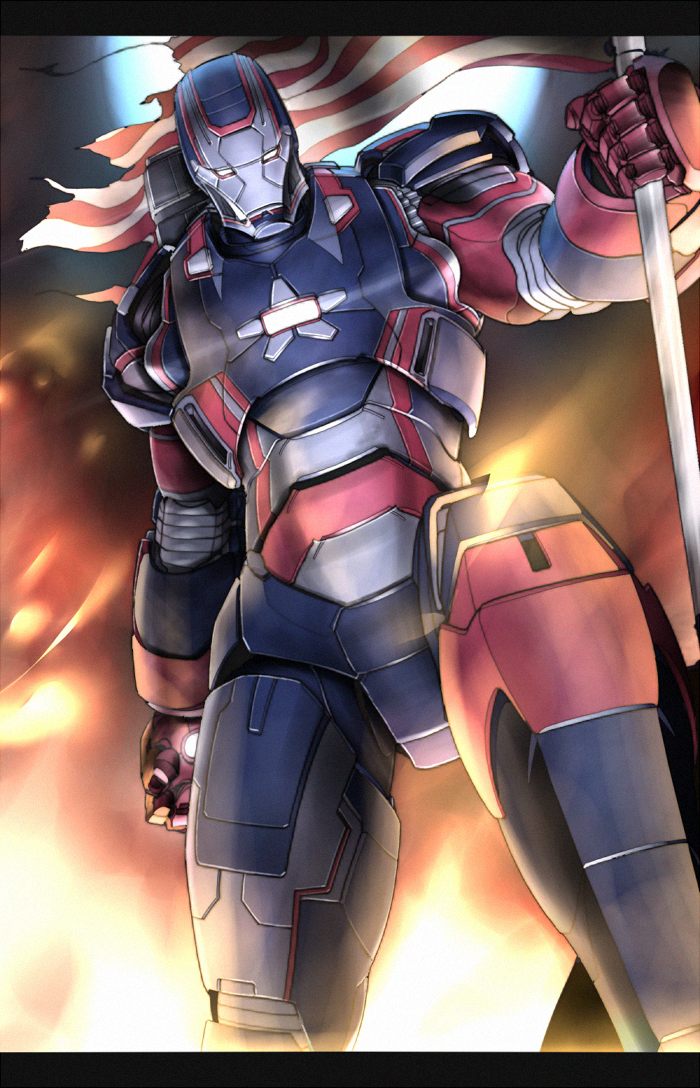 1boy american_flag arm_at_side armor bodysuit flag from_below glowing gomi_kushige holding iron_man_(series) iron_patriot james_rhodes letterboxed looking_at_viewer male_focus marvel power_armor solo standing war_machine
