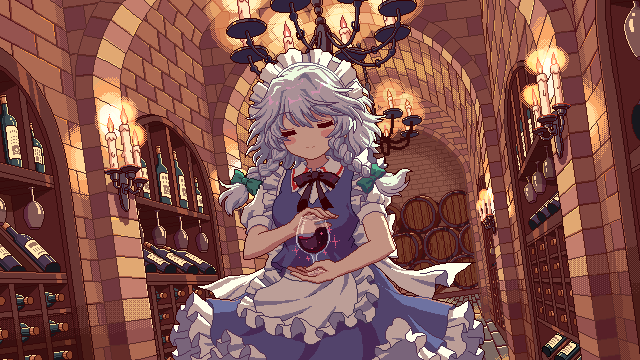 1girl apron barrel black_ribbon blue_skirt blue_vest bottle bow braided_sidelock candle chandelier closed_eyes cup drinking_glass frilled_skirt frills game_cg green_bow grey_hair hairband holding holding_cup izayoi_sakuya kumio maid_headdress puffy_short_sleeves puffy_sleeves ribbon shirt short_sleeves skirt smile solo third-party_source touhou touhou_mystia&#039;s_izakaya vest white_apron white_hairband white_ribbon white_shirt wine_bottle wine_cellar wine_glass