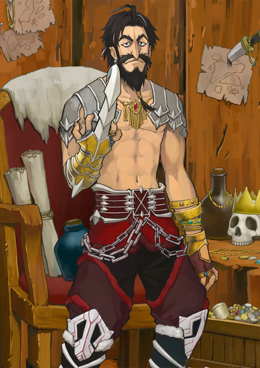 1boy abs arm_at_side armor b_suke bangle beard belt black_boots black_eyes black_facial_hair black_hair boots bracelet brown_background chain chair chest_hair closed_mouth collarbone edward_teach_(fate) facial_hair fate/grand_order fate_(series) feet_out_of_frame fingerless_gloves frown full_beard gauntlets gloves gold_necklace hand_up jewelry legs_apart looking_at_viewer male_focus map_(object) medium_hair multiple_bracelets multiple_rings mustache navel necklace official_art pants paper pectorals red_belt red_gloves red_pants ring short_hair shoulder_armor single_gauntlet skull solo standing third-party_source tied_beard topless_male