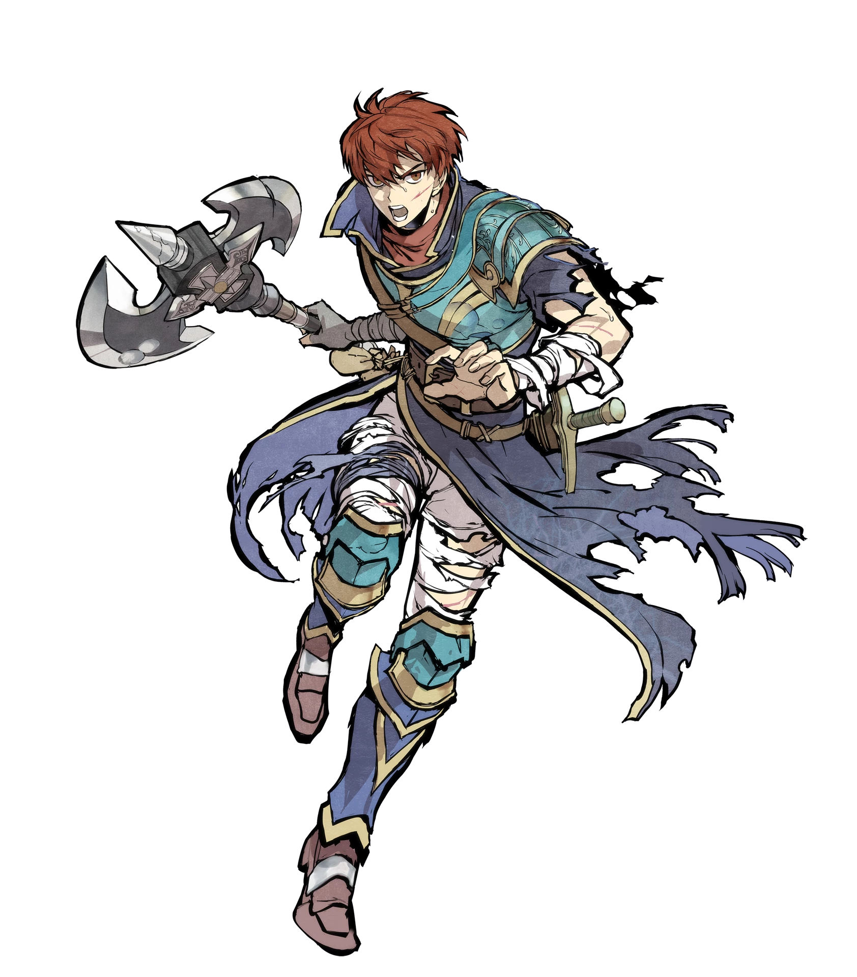 1boy akira_(kaned_fools) armor axe bandages battle_axe belt brown_eyes brown_hair chest_armor fire_emblem fire_emblem:_the_blazing_blade fire_emblem_heroes full_body highres holding holding_axe holding_weapon injury leg_armor male_focus mercenary nintendo non-web_source official_art open_mouth raven_(fire_emblem) short_sleeves solo sword torn_clothes transparent_background weapon