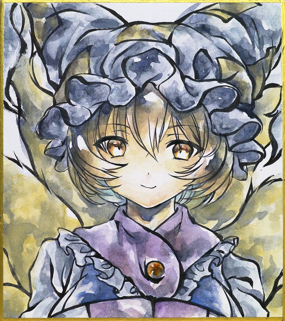 1girl animal_hat blonde_hair blue_tabard breasts closed_mouth commentary fox_tail hands_in_opposite_sleeves hat ikeda_ruriko kitsune long_sleeves looking_at_viewer mob_cap multiple_tails shikishi short_hair smile solo tabard tail touhou traditional_media yakumo_ran yellow_eyes