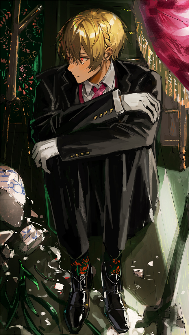 1boy arms_on_knees black_jacket black_pants black_shoes blonde_hair blush broken_vase butler butler_(nana_tetra) commentary_request floral_print floral_print_socks full_body gloves green_socks hair_between_eyes indoors jacket knees_up looking_to_the_side male_focus nana_tetra necktie original pants parted_lips pink_necktie plant red_eyes red_vest shirt shoes short_hair sitting socks solo vest white_gloves white_shirt wooden_floor