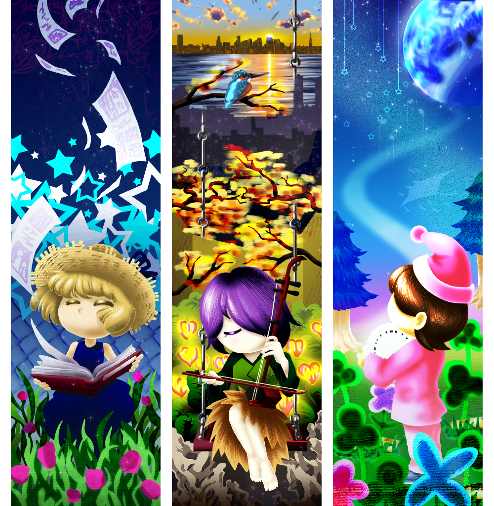 3girls =_= animal_request artist_request barefoot bird blonde_hair book brown_hair chibi chie_(lcddem) cityscape closed_eyes clover dress flower full_body glowing grass hair_over_one_eye hat holding holding_book instrument instrument_request lcddem multiple_girls nature on_swing pajamas paper purple_hair short_hair sitting star_(symbol) straw_hat sunset swing tree usotsuki yomika yume_graffiti yume_nisshi