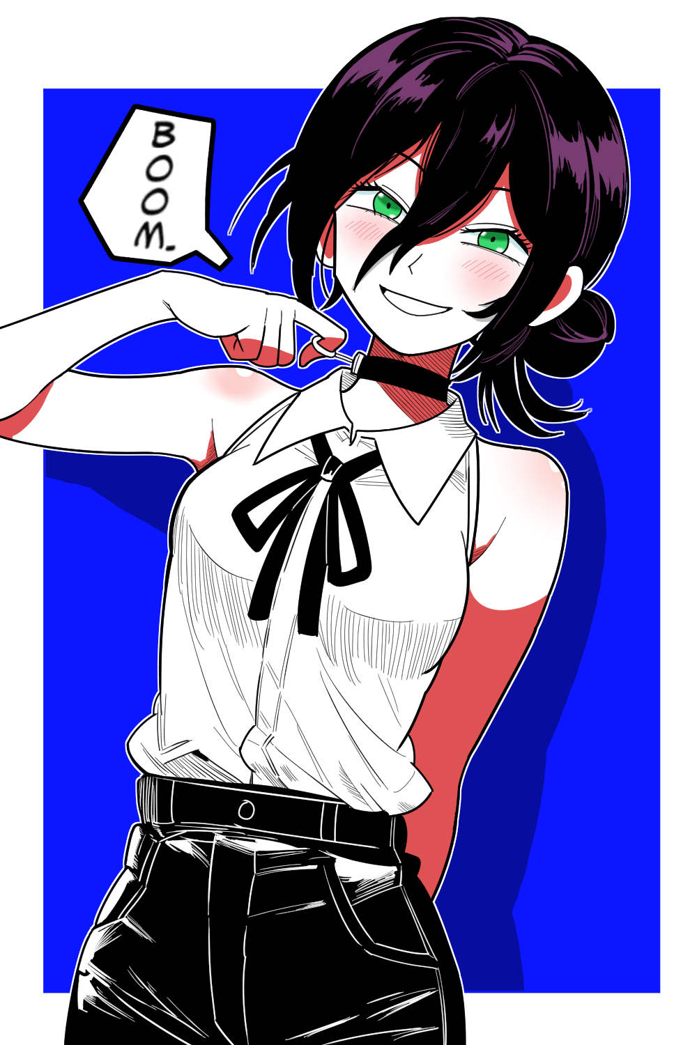 1girl black_choker black_ribbon black_shorts bollzzalguy chainsaw_man choker collared_shirt commentary_request green_eyes grenade_pin grin hair_between_eyes hair_bun highres neck_ribbon purple_hair reze_(chainsaw_man) ribbon shirt shirt_tucked_in shorts sleeveless sleeveless_shirt smile solo speech_bubble white_shirt