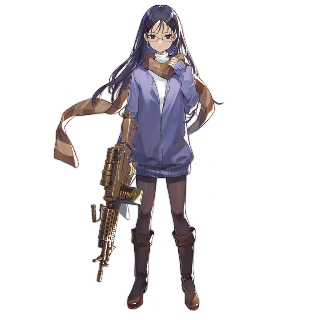 1girl 5.56x45mm_nato ammunition ammunition_belt ammunition_box bad_tag blue_jacket boots brown_boots brown_scarf bullet carbine_cartridge claes closed_mouth crossover dmr_cartridge full_body girls&#039;_frontline glasses gun gunslinger_girl hair_ornament hairclip holding intermediate_cartridge jacket light_machine_gun lmg_cartridge long_hair long_sleeves looking_at_viewer m249_saw m27_link machine_gun military_cartridge official_art pantyhose purple_eyes purple_hair rifle_cartridge scarf scope shirt smile_(mm-l) solo squad_automatic_weapon standing transparent_background weapon white_shirt