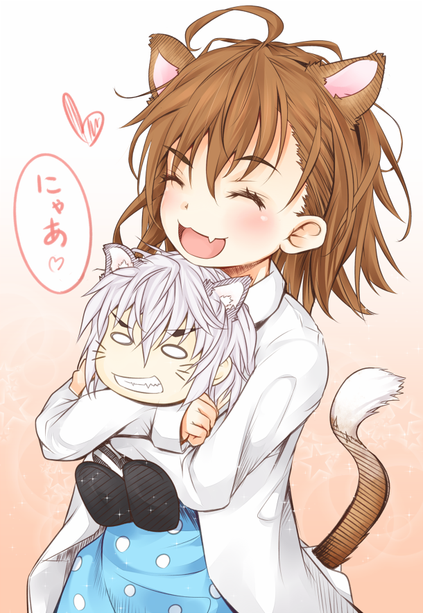 1boy 1girl :3 :d accelerator_(toaru_majutsu_no_index) ahoge albino alternate_eyebrows animal_ear_fluff animal_ears black_footwear blank_eyes blue_dress blush cat_boy cat_ears cat_girl cat_tail character_doll chibi child clenched_teeth collared_shirt commentary_request doll dot_nose dress fang gradient_background hair_between_eyes happy heart holding holding_stuffed_toy hug kemonomimi_mode last_order_(toaru_majutsu_no_index) long_sleeves medium_hair messy_hair mismatched_eyebrows monochrome_background open_clothes open_mouth open_shirt orange_background oversized_clothes oversized_shirt polka_dot polka_dot_dress shin_(highest1192) shirt sleeves_past_wrists smile star_(symbol) star_symbol_background stuffed_toy tail teeth toaru_majutsu_no_index translated upper_body whiskers white_hair white_shirt