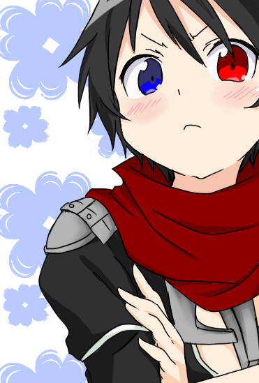 1boy assassin_cross_(ragnarok_online) black_hair black_shirt blue_background blue_eyes blush can&#039;t_be_this_cute closed_mouth commentary_request derivative_work floral_background frown heterochromia looking_at_viewer male_focus meiko_(nattu303) ore_no_imouto_ga_konna_ni_kawaii_wake_ga_nai ragnarok_online red_eyes red_scarf scarf shirt short_hair solo upper_body v-shaped_eyebrows
