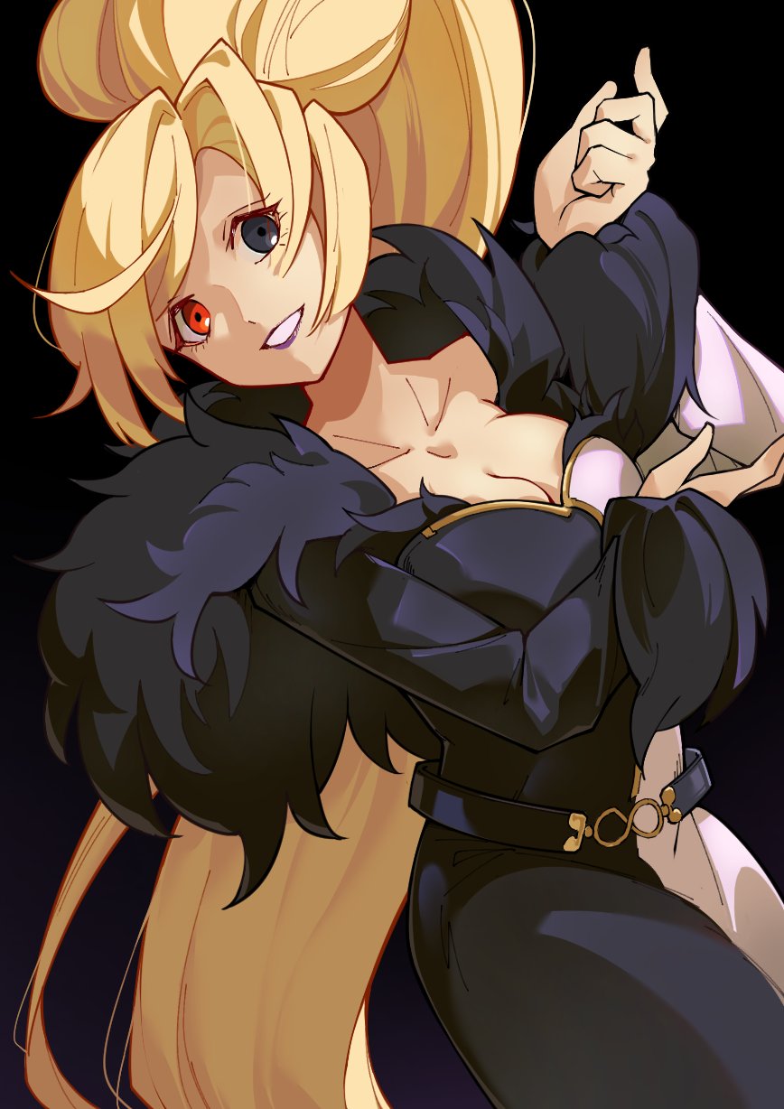 1girl absurdly_long_hair bare_shoulders black_eyes blonde_hair breasts cleavage dress fur_trim heterochromia high_ponytail highres hilda_(under_night_in-birth) large_breasts long_dress long_hair looking_at_viewer multicolored_dress off-shoulder_dress off_shoulder ponytail purple_lips red_eyes smile solo swept_bangs tierra_misu two-tone_dress under_night_in-birth very_long_hair