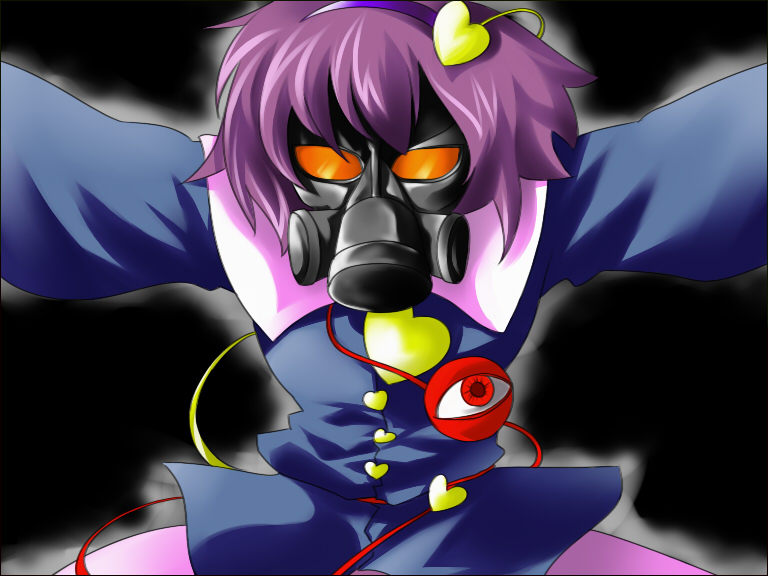 1girl amaki_someichi black_background buttons eyeball female_focus gas_mask hairband heart komeiji_satori mask metal_gear_(series) metal_gear_solid parody pink_hair power_connection psycho_mantis purple_hair sash short_hair simple_background skirt solo third_eye touhou