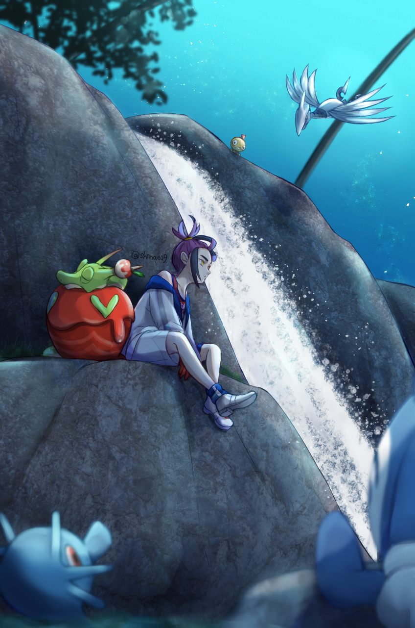 1boy commentary_request gen_1_pokemon gen_2_pokemon gen_5_pokemon highres horsea hydrapple jacket kieran_(pokemon) male_focus multicolored_hair nintendo off_shoulder pokemon pokemon_(creature) pokemon_sv purple_hair red_shirt scraggy shiina_(shinao29) shirt shoes shorts sitting skarmory sleeveless sleeveless_shirt socks tank_top two-tone_hair water waterfall white_footwear white_jacket white_shorts yellow_eyes