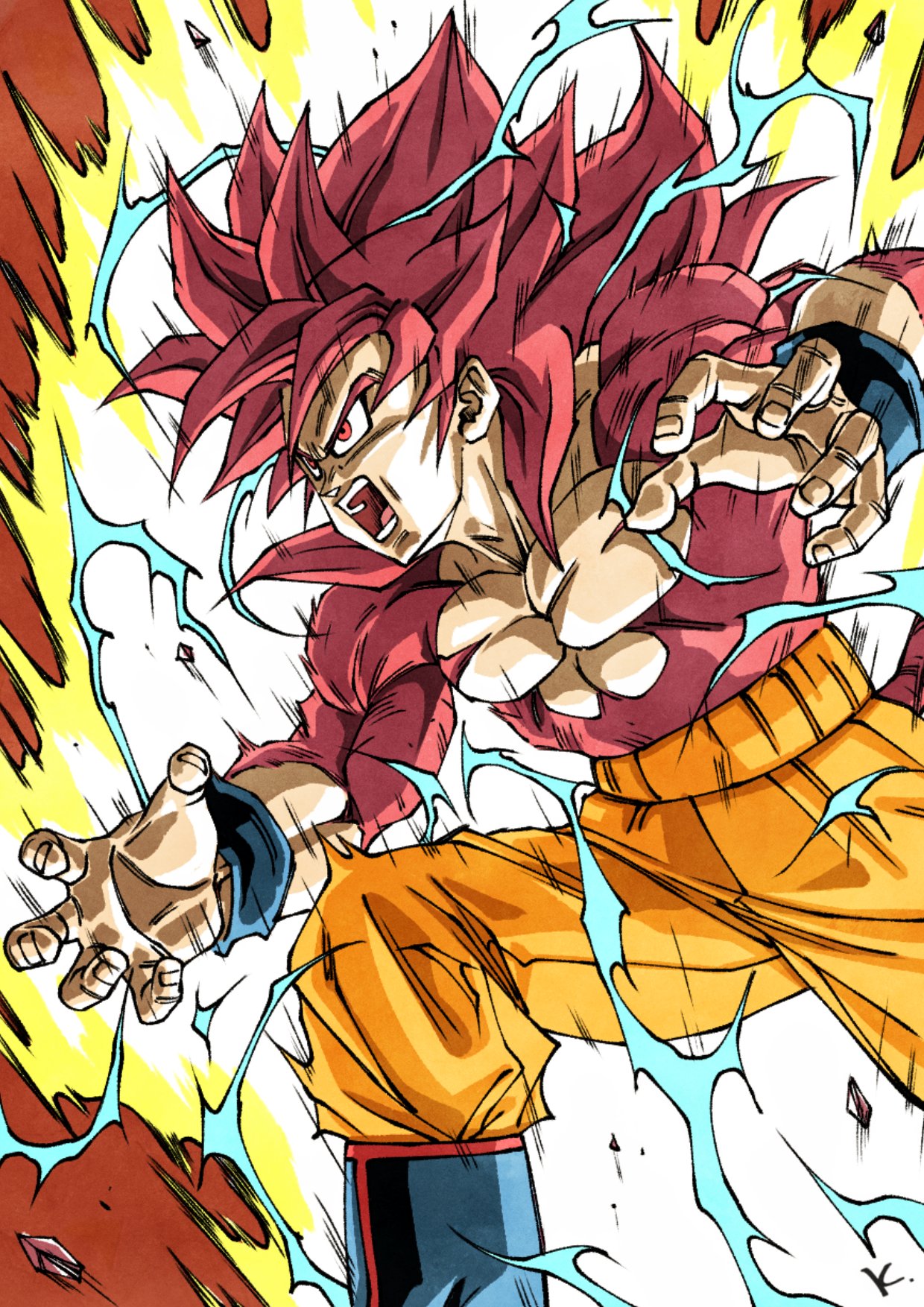 1boy aura blue_boots boots dragon_ball dragon_ball_daima electricity highres kakeru_(dbskakeru) long_hair male_focus muscular muscular_male open_mouth orange_pants pants powering_up red_eyes red_fur red_hair simple_background solo son_goku spiked_hair topless_male