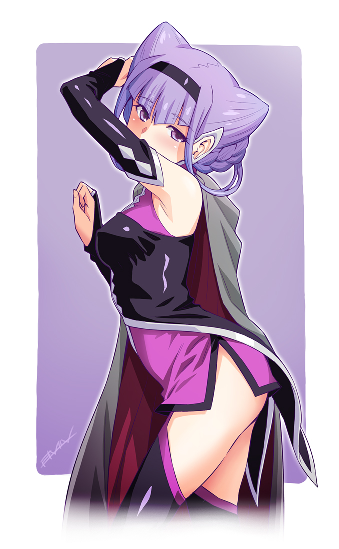 1girl arm_up artist_name black_dress black_gloves black_hairband black_thighhighs blush braid bridal_gauntlets cape commentary cone_hair_bun covering_own_mouth cowboy_shot double_bun dress ear_ornament elbow_gloves from_side gloves grey_cape hair_bun hairband hugtto!_precure kazuma_muramasa long_hair looking_at_viewer precure purple_dress purple_eyes purple_hair red_cape ruru_amour short_dress short_hair signature sleeveless sleeveless_dress solo standing thighhighs two-sided_cape two-sided_fabric two-tone_dress