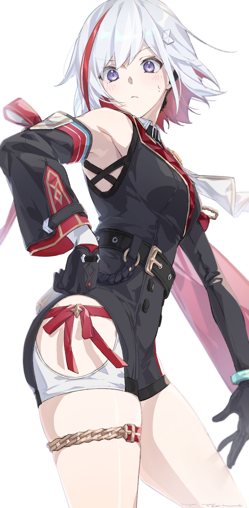 1girl aiguillette armpits ascot asymmetrical_gloves belt black_belt black_gloves black_jacket blush bracelet breasts closed_mouth colored_inner_hair commentary cowboy_shot detached_sleeves frown gloves hair_ornament hand_on_own_hip highres hip_vent honkai:_star_rail honkai_(series) jacket jewelry looking_at_viewer looking_down medium_breasts multicolored_hair purple_eyes red_hair red_ribbon ribbon short_hair short_shorts shorts signature simple_background single_detached_sleeve solo standing streaked_hair sweatdrop symbol-only_commentary thigh_strap topaz_(honkai:_star_rail) two-tone_hair white_ascot white_background white_hair white_shorts wing_collar yama_ta_yomogi