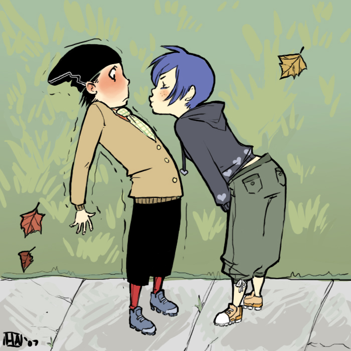 1boy 1girl animification autumn_leaves baggy_pants beanie black_eyes black_hair black_hat blue_footwear blue_hair blue_pants blush brown_footwear cartoon_network closed_eyes closed_mouth ed_edd_n_eddy edd_(ed_edd_n_eddy) falling_leaves freckles from_side frown green_pants hat heart heart_print hetero hood hood_down hoodie imminent_kiss kiss leaf leaning_back leaning_forward long_sleeves marie_kanker motion_lines necktie pants plaid_clothes plaid_necktie plaid_neckwear pouty_lips profile red_legwear shoes standing tomboy trembling