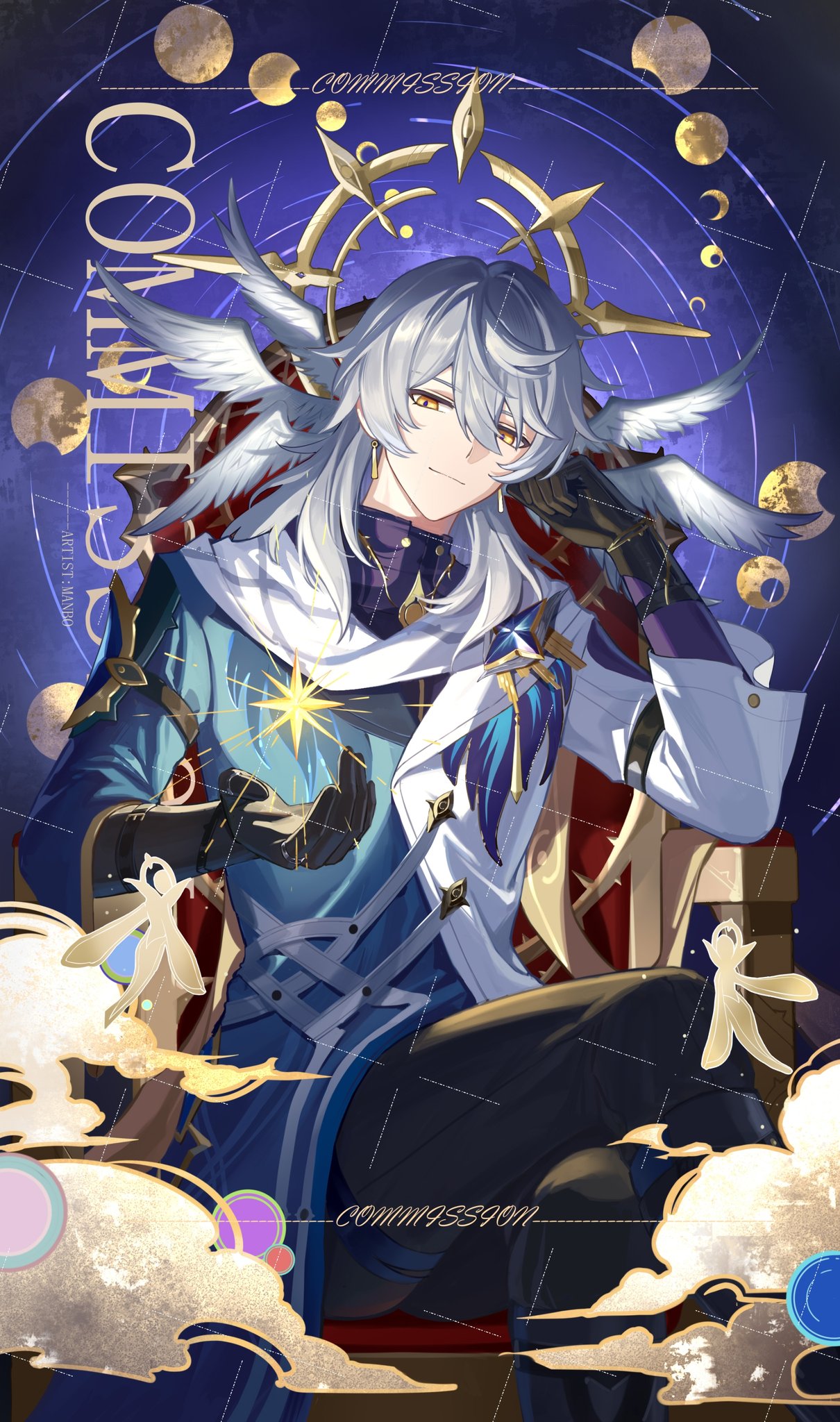 1boy artist_name black_gloves black_pants blue_background blue_coat chair closed_mouth cloud coat commentary commission crescent crossed_legs earrings elbow_rest english_commentary feathered_wings floating floating_object gloves gold_earrings grey_hair hair_between_eyes halo halo_behind_head hand_up head_wings highres honkai:_star_rail honkai_(series) jewelry lapel_pin lapels long_sleeves looking_at_viewer male_focus manbu72747 medium_hair multicolored_coat multiple_wings on_chair pants purple_shirt shirt sitting smile solo star_(symbol) star_trail sunday_(honkai:_star_rail) thigh_strap white_coat white_wings wings yellow_eyes