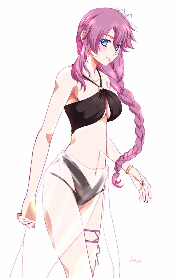 1girl artist_name bikini blue_eyes blush braid breasts eiyuu_densetsu emma_millstein floating_hair hair_between_eyes hajimari_no_kiseki large_breasts long_hair looking_at_viewer parted_bangs pink_hair see-through_clothes sen_no_kiseki_(series) simple_background single_braid single_sidelock smile solo swimsuit white_background xiacheng_tatsuya