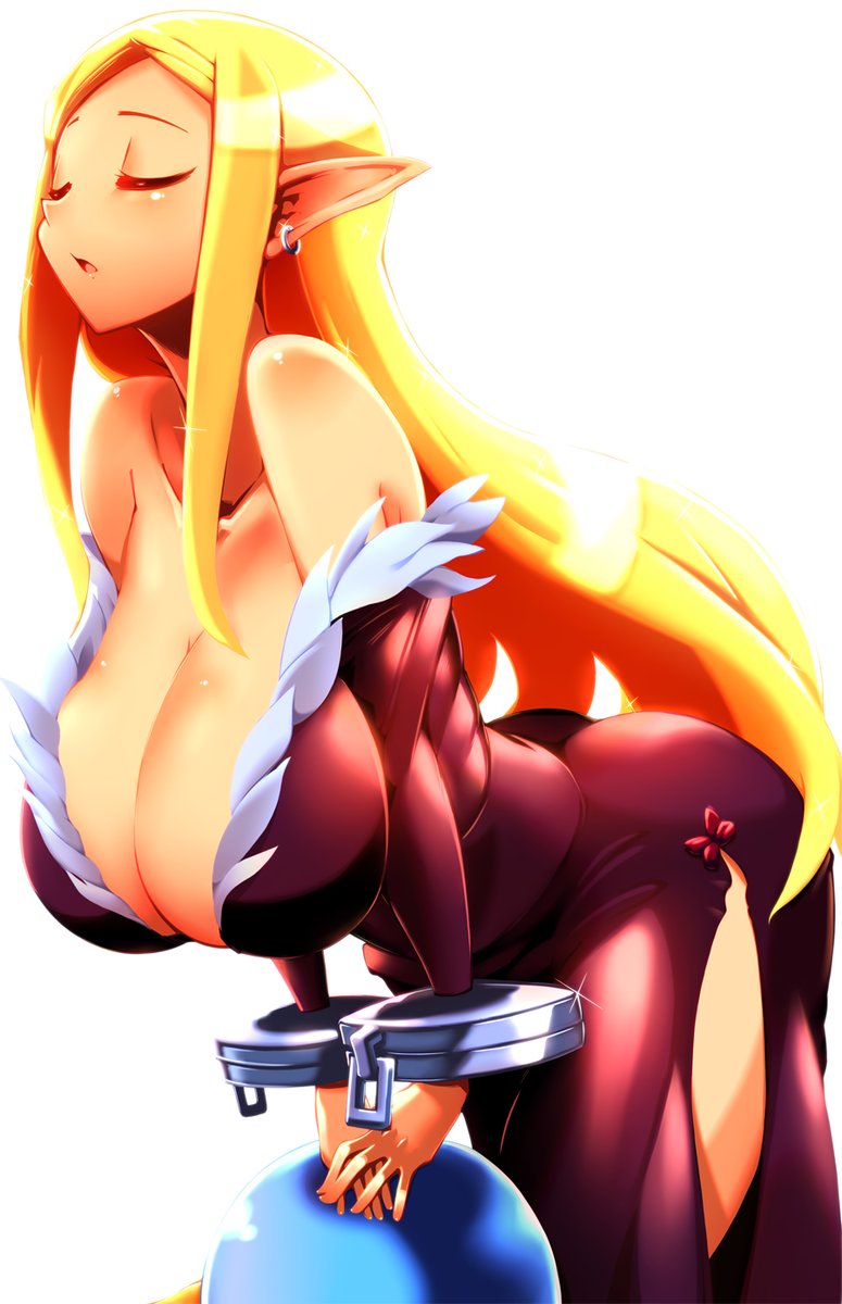 1girl ass blonde_hair breasts cleavage closed_eyes cuffs curvy disgaea earrings female_focus healer_(disgaea) highres hip_focus huge_ass jewelry large_breasts long_hair open_mouth prinny solo thick_thighs thighs tokyo_(great_akuta) wide_hips