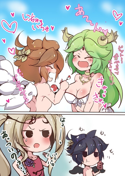 2boys 2girls adapted_costume ahoge angel angel_wings black_hair blonde_hair breasts brown_hair dark_pit feeding food green_hair heart ice_cream ikayaki kid_icarus kid_icarus_uprising multiple_boys multiple_girls nintendo open_mouth palutena pit_(kid_icarus) spoon translation_request viridi wings zakichi0514