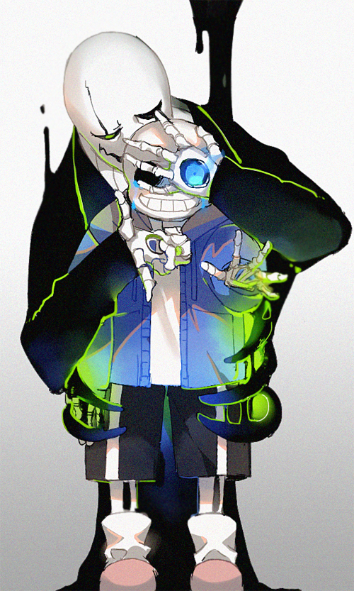 21_ke 2boys ankle_socks behind_another black_jacket black_shorts blue_eyes blue_jacket bone commentary_request constricted_pupils crazy_grin eye_socket full_body glowing glowing_eye gradient_background grey_background grin hand_on_another&#039;s_face hand_on_another&#039;s_neck hood hood_down hooded_jacket horror_(theme) hug hug_from_behind jacket long_sleeves looking_at_viewer loose_socks magic multiple_boys open_clothes open_jacket outstretched_arm outstretched_hand partial_commentary pink_slippers reaching reaching_towards_viewer sans_(undertale) shorts skeleton slippers smile socks standing tentacles undertale w.d._gaster white_socks