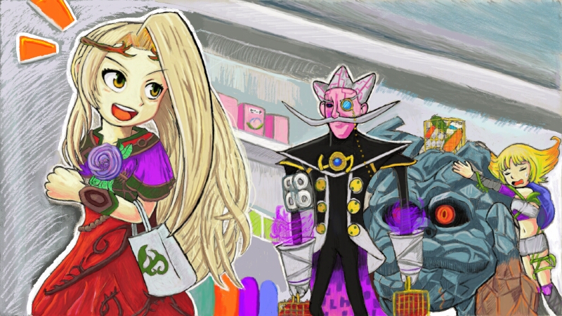 1boy 2girls arlon_(kid_icarus) arlon_(kid_icarus) blonde_hair circlet cragalanche facial_hair flower kid_icarus kid_icarus_uprising laurel_crown long_hair midriff monocle multiple_girls mustache navel nintendo open_mouth phosphora plant red_eyes rock shopping vines viridi yellow_eyes