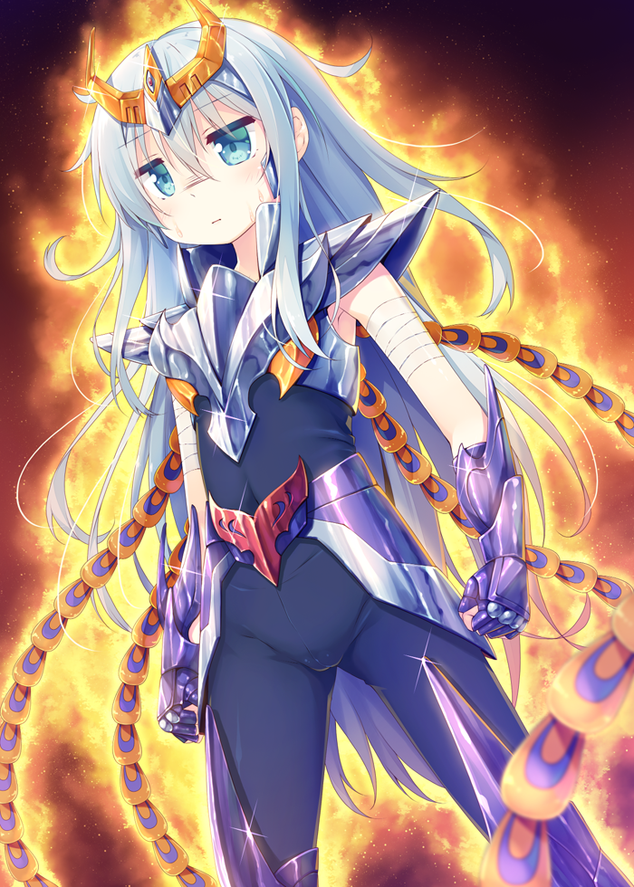 1girl alternate_costume armor bandaged_arm bandages blue_eyes blue_hair cosplay female_focus fingerless_gloves fire gauntlets gloves headgear hibiki_(kancolle) kantai_collection long_hair masaki_kei matching_hair/eyes phoenix_ikki phoenix_ikki_(cosplay) saint_seiya saint_seiya_omega solo sweatdrop trait_connection vambraces