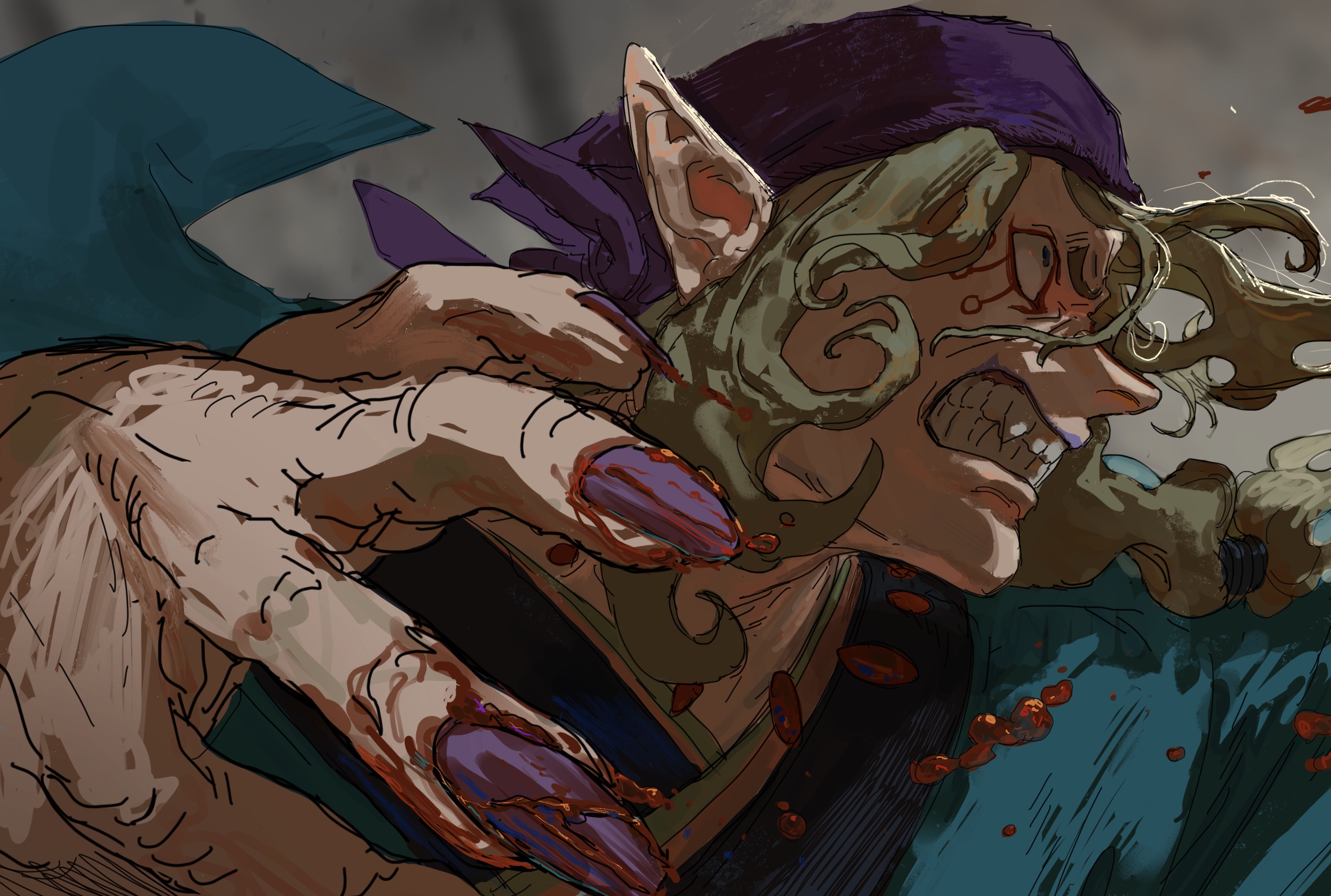 oku (2964 okn), kusuriuri (mononoke), mononoke, bad id, bad pixiv id,  highres, 1boy, angry, bandana, blonde hair, blood, blood on hands, clenched  teeth, facepaint, fingernails, japanese clothes, kimono, long hair, looking  ahead,