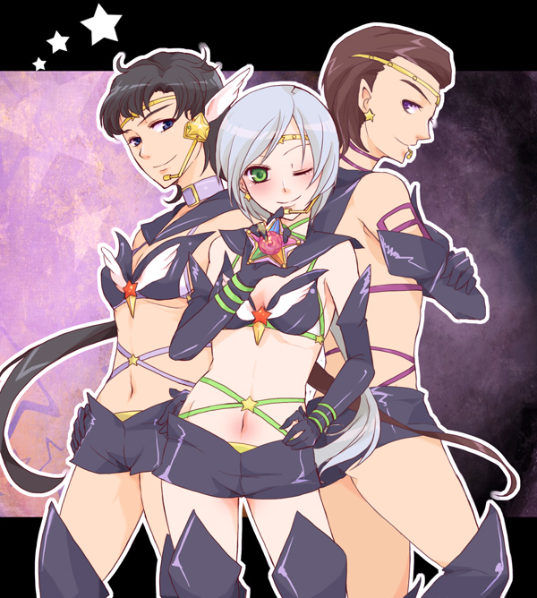 3girls bishoujo_senshi_sailor_moon bishoujo_senshi_sailor_moon_sailor_stars bishoujo_senshi_sailor_moon_stars black_gloves black_hair black_shorts boots brown_hair choker cowboy_shot elbow_gloves gloves grey_hair holding letterboxed long_hair looking_at_viewer low_ponytail mechi microphone multiple_girls one_eye_closed ponytail profile sailor_star_fighter sailor_star_healer sailor_star_maker seiya_kou shiny_clothes short_shorts shorts star_(symbol) taiki_kou thigh_boots thighhighs yaten_kou