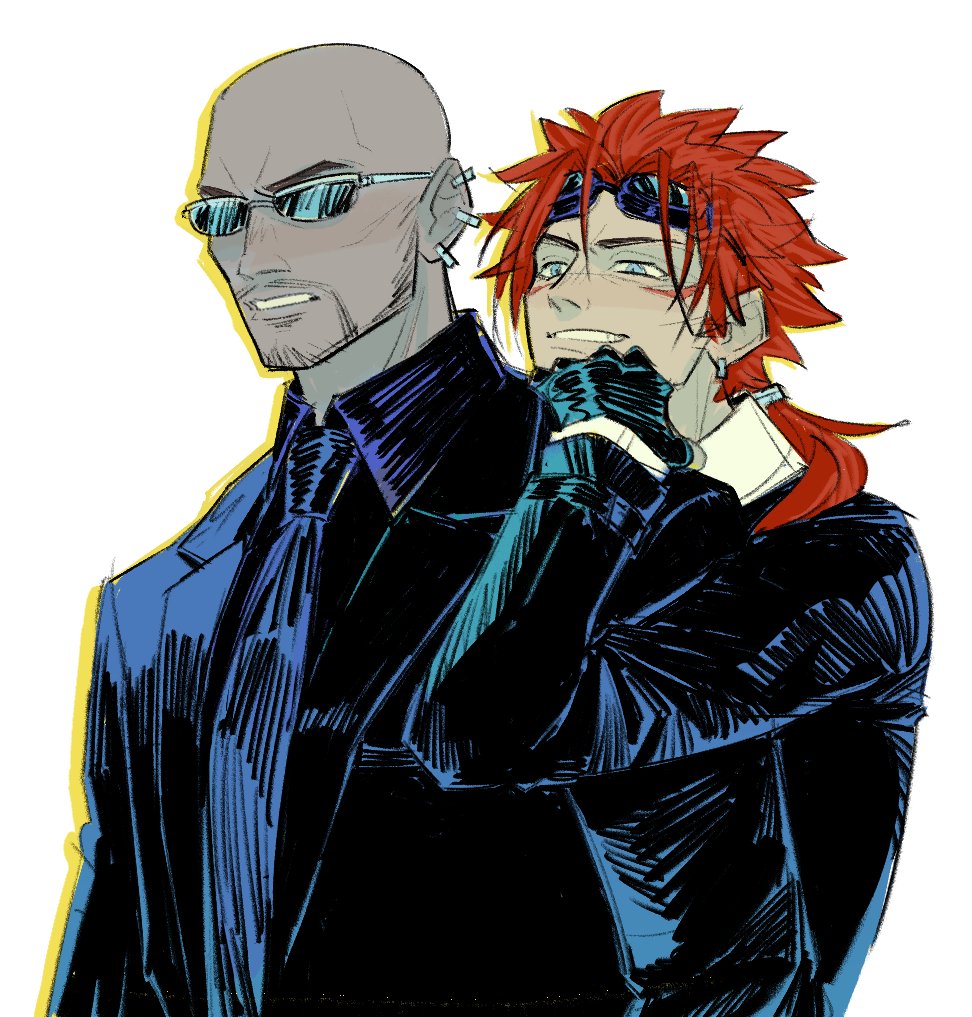 2boys bald black_jacket black_necktie black_shirt blue_eyes earrings eyewear_on_head facial_hair final_fantasy final_fantasy_vii final_fantasy_vii_rebirth final_fantasy_vii_remake hand_on_another&#039;s_shoulder jacket jewelry long_sleeves low_ponytail male_focus multiple_boys necktie parted_lips ponytail red_hair reno_(ff7) rude_(ff7) shirt spiked_hair suit_jacket sunglasses turks_(ff7) unlckdrat upper_body white_background white_shirt