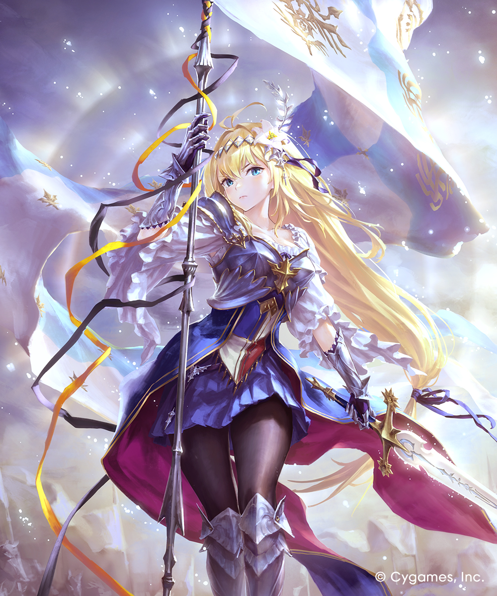 1girl ahoge armor banner black_pantyhose blonde_hair breastplate dress feet_out_of_frame flag flower gauntlets hair_between_eyes hair_flower hair_intakes hair_ornament hairband highres hisakata_souji holding holding_banner holding_sword holding_weapon jeanne_d&#039;arc_(granblue_fantasy) long_hair low-tied_long_hair official_art pantyhose pleated_skirt purple_skirt shadowverse shadowverse:_worlds_beyond shoulder_armor skirt solo sword vambraces weapon wide_sleeves