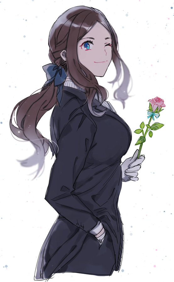 1girl alternate_costume alternate_hairstyle blue_eyes bow_hairband breasts brown_hair coattails fate/grand_order fate_(series) flower formal_clothes from_side gloves hairband hand_in_pocket holding holding_flower large_breasts leonardo_da_vinci_(fate) one_eye_closed ponytail sidelocks solo suit wani_(mezo)