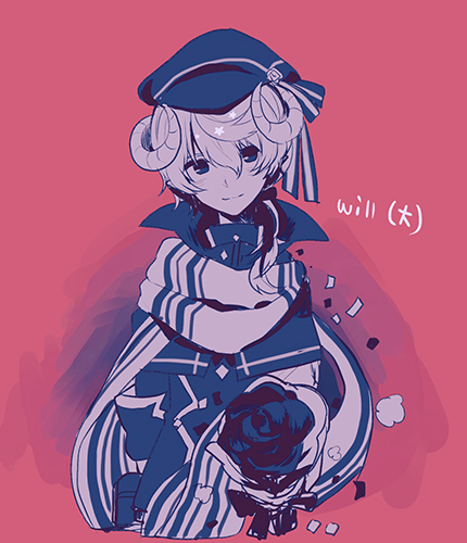 1boy capelet character_name closed_mouth flower hat head_tilt horns lieat looking_at_viewer lowres male_focus miwasiba monochrome official_art red_background rose scarf sheep_horns short_hair simple_background smile solo william_(lieat)