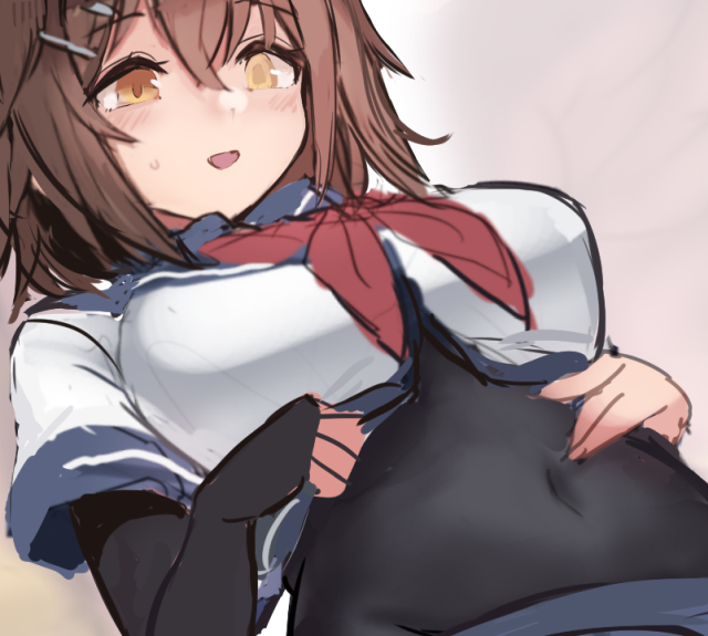 1girl black_bodysuit blue_sailor_collar bodysuit brown_eyes brown_hair covered_navel elbow_gloves from_below furutaka_(kancolle) furutaka_kai_ni_(kancolle) gloves glowing glowing_eye heterochromia kantai_collection neckerchief red_neckerchief sailor_collar sailor_shirt school_uniform serafuku shirt short_hair single_elbow_glove solo utopia_(utopiavl) white_shirt yellow_eyes
