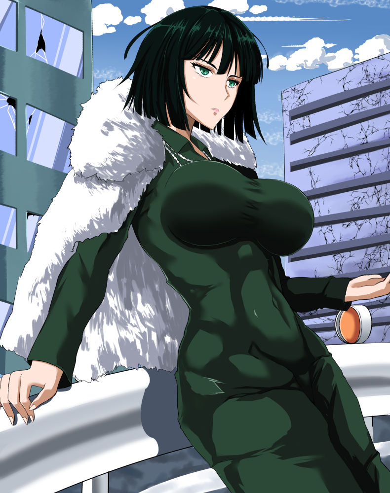 1girl abs arm_support black_hair blunt_ends breasts building closed_mouth coat collared_dress covered_navel crack cracked_wall day dress expressionless eyebrows_hidden_by_hair fubuki_(one-punch_man) green_eyes impossible_clothes impossible_dress long_sleeves looking_to_the_side one-punch_man outdoors short_hair solo standing stomach takara_joney