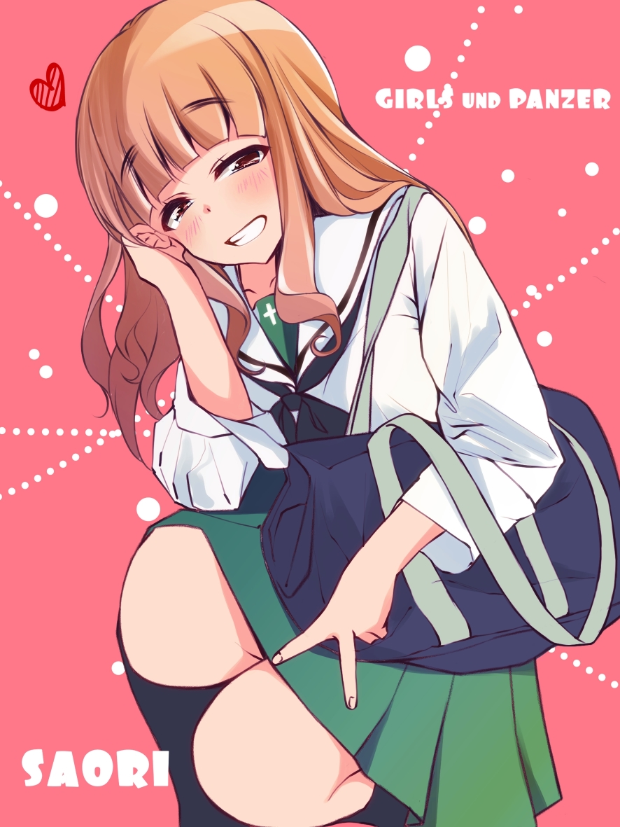 1girl bag black_neckerchief black_socks blouse blunt_bangs character_name chuutaro_metal commentary copyright_name girls_und_panzer green_skirt grin half-closed_eyes hand_in_own_hair heart kneehighs long_hair long_sleeves looking_at_viewer miniskirt neckerchief ooarai_school_uniform orange_eyes orange_hair pink_background pleated_skirt sailor_collar school_bag school_uniform serafuku shirt skirt smile socks solo squatting takebe_saori v white_sailor_collar white_shirt