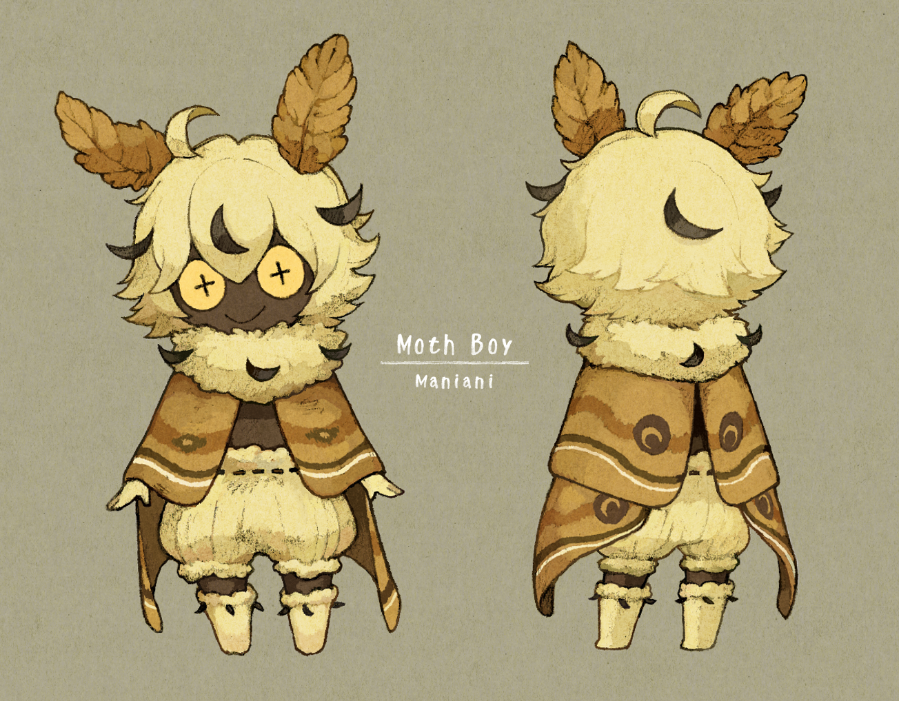 1boy ahoge arthropod_boy artist_name blonde_hair boots brown_cape brown_wings cape closed_mouth cross-shaped_pupils dark-skinned_male dark_skin english_text from_behind full_body fur_boots fur_collar insect_wings knee_boots looking_at_viewer male_focus maniani moth_antennae moth_boy moth_wings multicolored_hair multiple_views original revision short_hair shorts simple_background smile standing straight-on streaked_hair symbol-shaped_pupils very_dark_skin wings yellow_boots yellow_eyes yellow_shorts