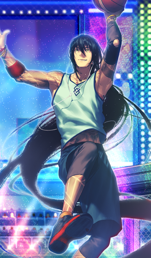 1boy absurdly_long_hair armpits ball bare_shoulders basketball_(object) black_hair black_pants black_shoes bracelet capri_pants commentary earbuds earphones elbow_sleeve fate/grand_order fate_(series) foot_out_of_frame full-body_tattoo green_eyes green_shorts green_tank_top hair_between_eyes holding holding_ball jewelry jumping light_particles long_hair looking_up male_focus midair midriff_peek multiple_bracelets official_art orange_socks pants pants_under_shorts parted_lips ponytail shima_udon shoes shorts sidelocks smile sneakers socks solo sportswear sweatband tank_top tattoo teeth third-party_source toned toned_male very_long_hair wristband yan_qing_(fate) yan_qing_(festival_outfit)_(fate)