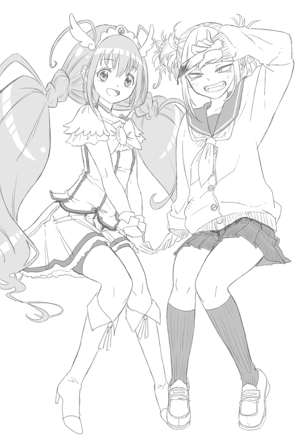 2girls :d bike_shorts bike_shorts_under_skirt blood boku_no_hero_academia commentary_request crossover cure_happy earrings eyelashes greyscale hair_ornament happy highres hoshizora_miyuki jewelry jj_(ssspulse) long_hair looking_at_viewer magical_girl medium_hair monochrome multiple_girls open_mouth precure school_uniform shorts shorts_under_skirt simple_background sitting sketch skirt smile smile_precure! toga_himiko twintails white_background wrist_cuffs