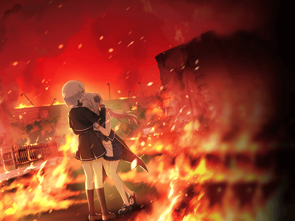 2girls artist_request bare_legs bare_shoulders black_bow black_capelet black_coat black_corset black_dress black_footwear black_skirt black_socks blouse blue_flower blue_rose blunt_ends bob_cut bow brown_footwear building buttons capelet coat coattails corset covered_face daito_academy_school_uniform dress embers fence fire floating_hair flower frilled_footwear frilled_shirt frilled_skirt frills from_behind full_body game_cg gloves hair_bow hair_flower hair_ornament hand_on_another&#039;s_chest hand_on_another&#039;s_head head_on_another&#039;s_shoulder hug izumi_kanagi kneehighs lamppost long_hair long_sleeves magia_record:_mahou_shoujo_madoka_magica_gaiden magical_girl mahou_shoujo_madoka_magica miniskirt multiple_girls official_art open_clothes open_coat outdoors pencil_skirt pleated_skirt ponytail red_sky rose ruins school_uniform shirt shoes short_dress short_hair skirt sky sleeveless sleeveless_coat sleeveless_shirt smoke socks standing two-tone_skirt uwabaki white_gloves white_hair white_shirt white_skirt yakumo_mitama
