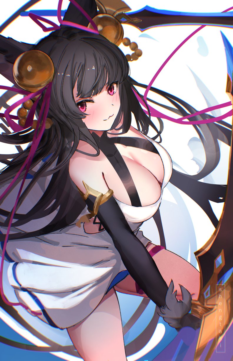 1girl :3 animal_ears artist_name bare_shoulders bell black_gloves black_hair black_straps blush breasts chromatic_aberration cleavage dress dual_wielding elbow_gloves erune fox_ears from_above from_side fur-trimmed_gloves fur_trim gloves granblue_fantasy hair_bell hair_ornament hair_ribbon highres holding holding_sword holding_weapon large_breasts legs_folded long_hair looking_at_viewer purple_eyes purple_ribbon ribbon shengtaki sidelocks sleeveless sleeveless_dress solo squatting sword thigh_strap weapon white_background white_dress yuel_(granblue_fantasy)