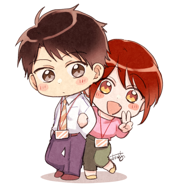 1boy 1girl :d akmr_enmt belt blush_stickers brown_belt brown_hair brown_shoes chibi collared_shirt couple diagonal-striped_clothes diagonal-striped_necktie fang green_pants grey_eyes heel_up id_card kono_kaisha_ni_suki_na_hito_ga_imasu lanyard leaning_to_the_side locked_arms long_sleeves looking_at_viewer mitsuya_yui necktie office_lady official_art open_mouth orange_eyes orange_necktie pants pink_shirt purple_pants red_hair shirt shoes short_hair signature smile standing standing_on_one_leg striped_clothes tateishi_masugu v very_short_hair white_background white_shirt yellow_shoes