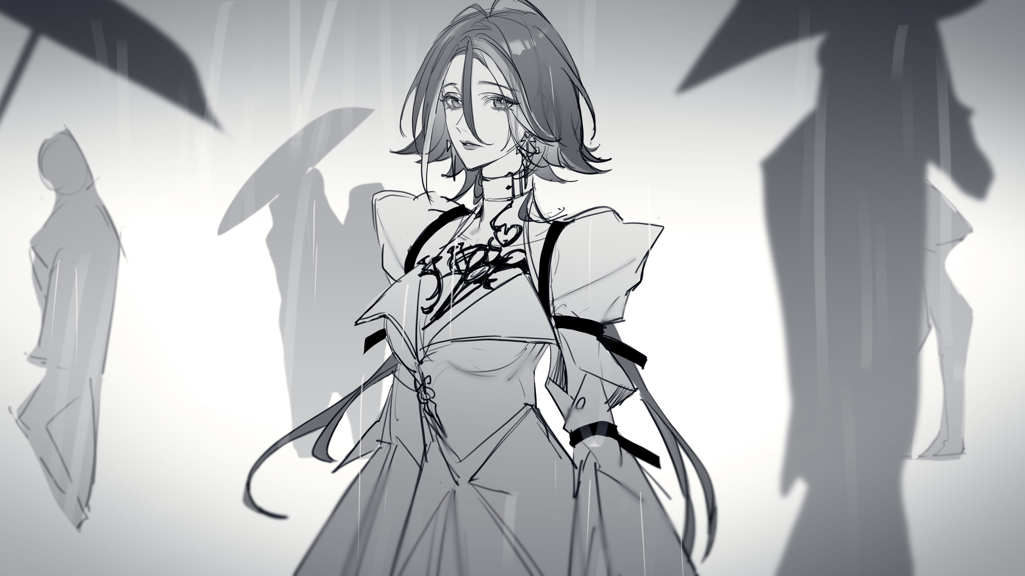 1girl adela_(path_to_nowhere) arm_belt belt breasts buttons chest_tattoo cleavage collared_shirt commentary_request cowboy_shot earrings expressionless eyelashes gradient_background grey_background greyscale hair_between_eyes highres jewelry layered_sleeves lipstick long_hair long_sleeves looking_at_viewer low_twintails makeup monochrome multicolored_hair multiple_belts parted_lips path_to_nowhere people rain shirt short_over_long_sleeves short_sleeves shoulder_belt skirt solo_focus standing streaked_hair tattoo toho10min twintails umbrella very_long_hair white_background
