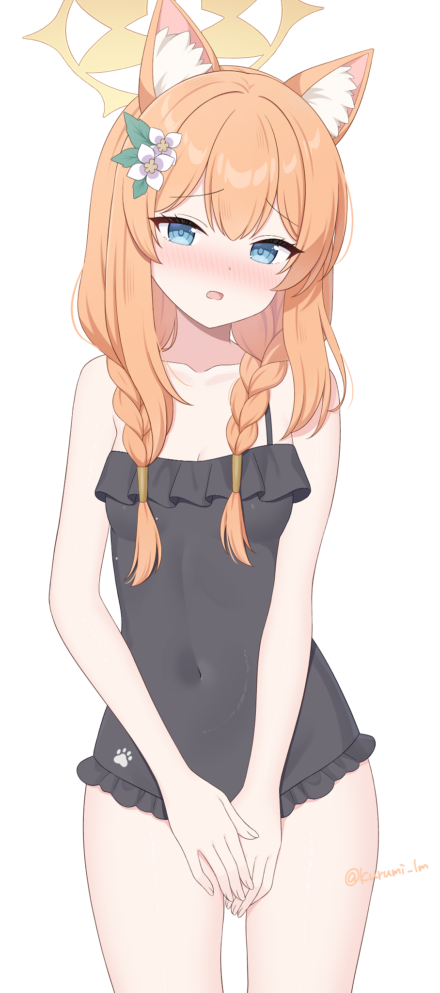 1girl animal_ear_fluff animal_ears black_one-piece_swimsuit blue_archive blue_eyes blush braid breasts casual_one-piece_swimsuit flower frilled_one-piece_swimsuit frills hair_flower hair_ornament halo highres kurumi_lm long_hair looking_at_viewer low_twin_braids mari_(blue_archive) mari_(swimsuit)_(blue_archive) off-shoulder_one-piece_swimsuit off_shoulder official_alternate_costume one-piece_swimsuit open_mouth orange_hair paw_print small_breasts solo swimsuit twin_braids white_flower yellow_halo