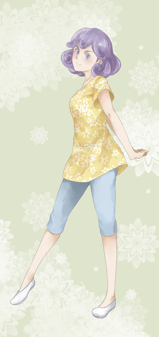 1girl alternate_costume blouse burgundy_(pokemon) capri_pants collarbone curly_hair floral_background gaigai highres looking_at_viewer nintendo own_hands_clasped own_hands_together pants pokemon pokemon_(anime) pokemon_bw_(anime) purple_eyes purple_hair shirt short_hair smirk white_footwear yellow_shirt