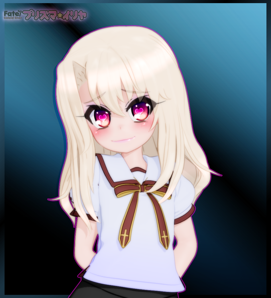 1girl 3d blonde_hair blush fate/kaleid_liner_prisma_illya fate_(series) female_focus gs-mantis heart heart-shaped_pupils illyasviel_von_einzbern lipstick long_hair looking_at_viewer makeup red_eyes ribbon school_uniform skirt solo standing symbol-shaped_pupils text_focus white_hair