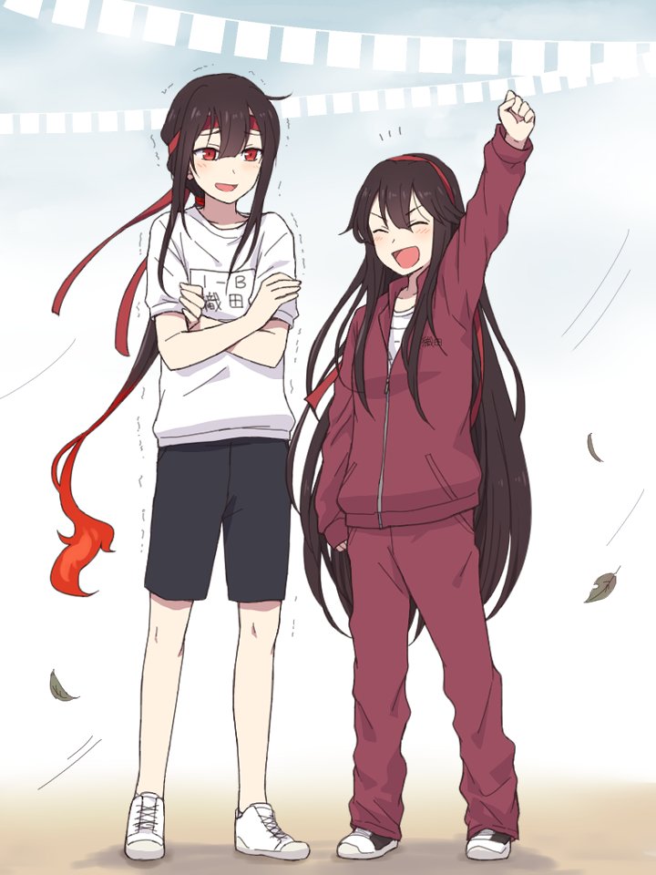 1boy 1girl :d alternate_costume arm_up black_hair black_shorts blush brother_and_sister character_name clenched_hands closed_eyes cloud cloudy_sky cold contemporary crossed_arms fate/grand_order fate_(series) fiery_hair full_body gym_uniform hachimaki hairband headband jacket leaf long_hair looking_at_another low_ponytail motion_lines name_tag oda_nobukatsu_(fate) oda_nobunaga_(fate) open_mouth outdoors outstretched_arm pants ponytail raised_eyebrows red_eyes red_hairband red_headband red_track_suit shadow shirt shorts siblings sky smile sports_festival standing string_of_flags t-shirt teramoto_kei track_jacket track_pants track_suit trembling v-shaped_eyebrows very_long_hair white_background white_shirt white_sneakers wind zipper zipper_pull_tab