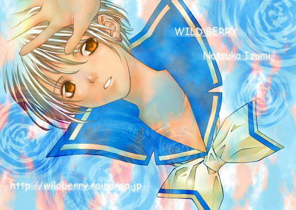 1boy abstract_background artist_name bad_id blonde_hair blue_sailor_collar commentary cropped_shoulders earrings hand_up izumi_natsuka jewelry looking_to_the_side male_focus necktie orange_eyes original parted_lips sailor_collar short_hair solo upper_body yellow_necktie