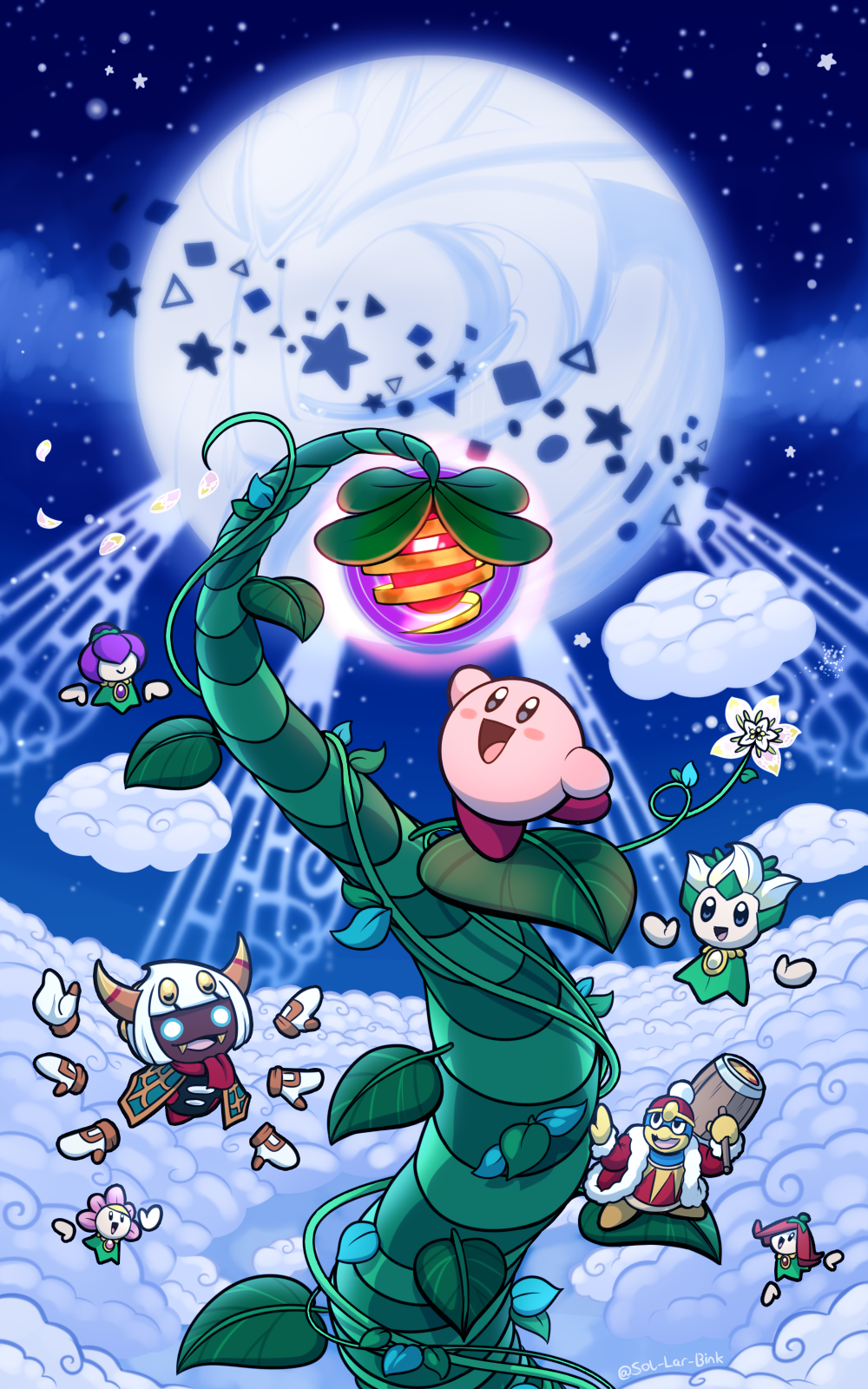 cape dreamstalk fangs flower full_moon green_cape highres horns king_dedede kirby kirby:_triple_deluxe kirby_(series) moon night night_sky nintendo people_of_the_sky petals plant queen_sectonia rayman_limbs red_scarf scarf sky sol-lar-bink star_(sky) star_(symbol) taranza vines white_hair